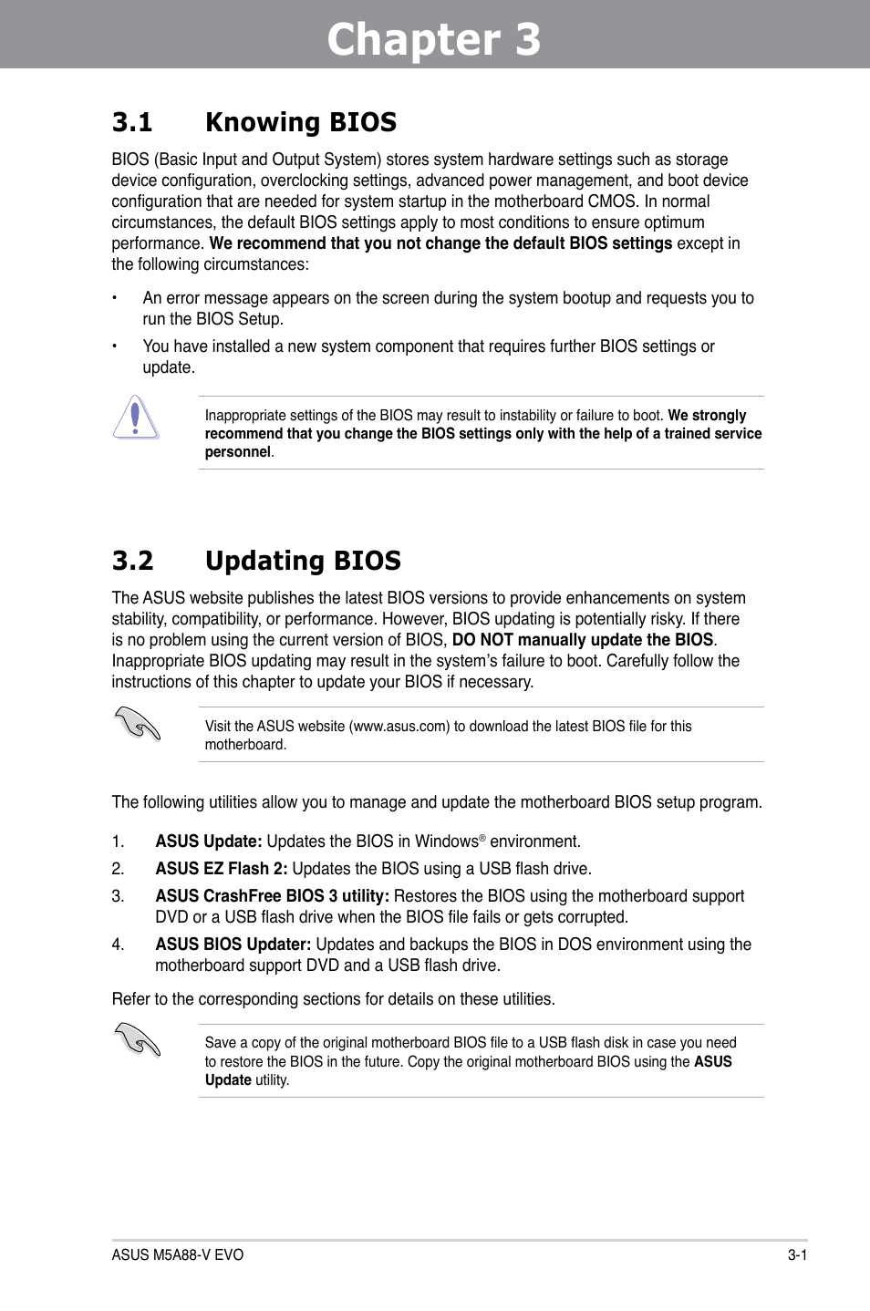 Chapter 3: bios setup, 1 knowing bios, 2 updating bios | Chapter 3, Bios setup, Knowing bios -1, Updating bios -1, Chapter 3 3.1 knowing bios | Asus M5A88-V EVO User Manual | Page 57 / 124
