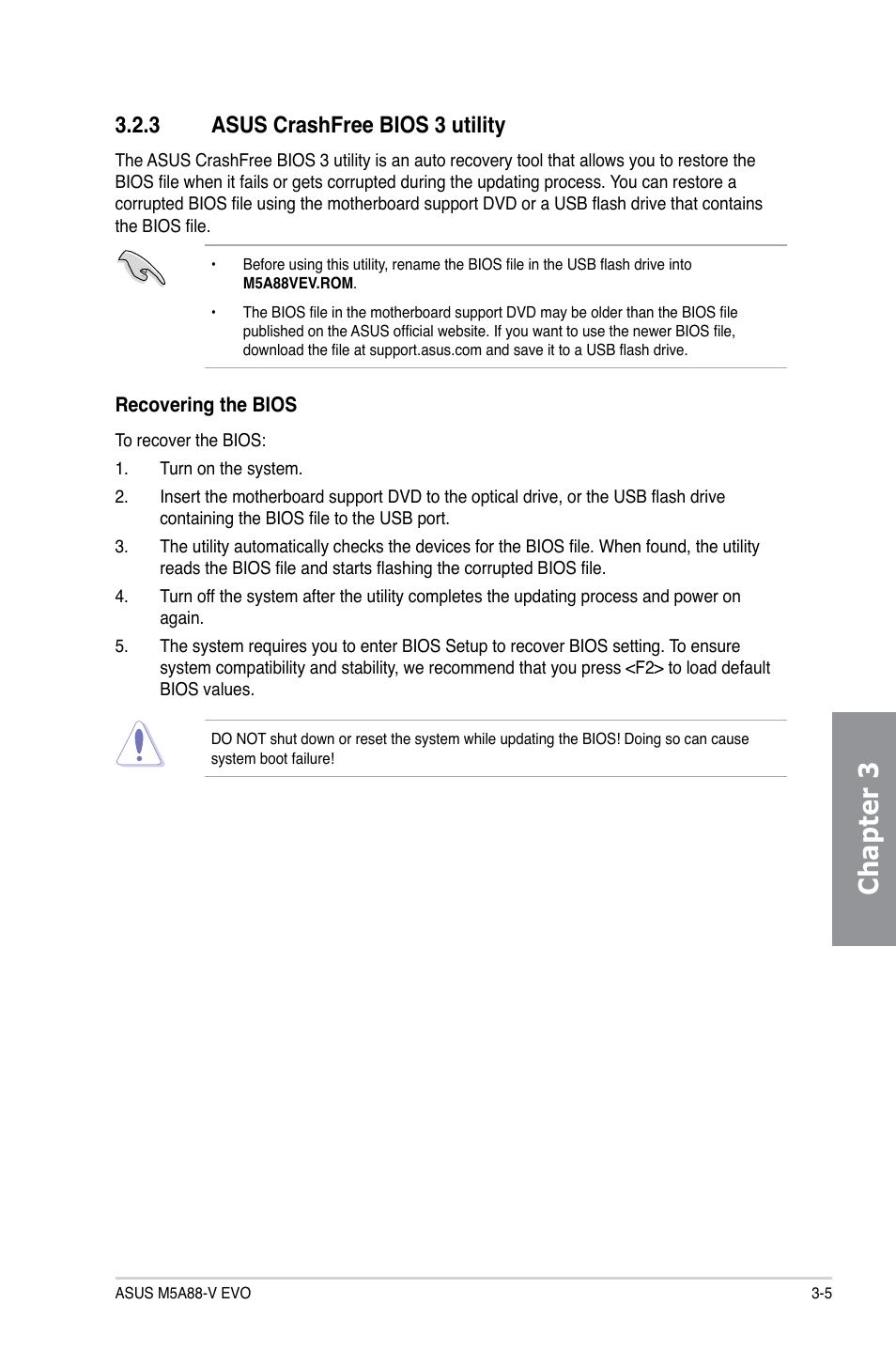 3 asus crashfree bios 3 utility, Asus crashfree bios 3 utility -5, Chapter 3 | Asus M5A88-V EVO User Manual | Page 61 / 124