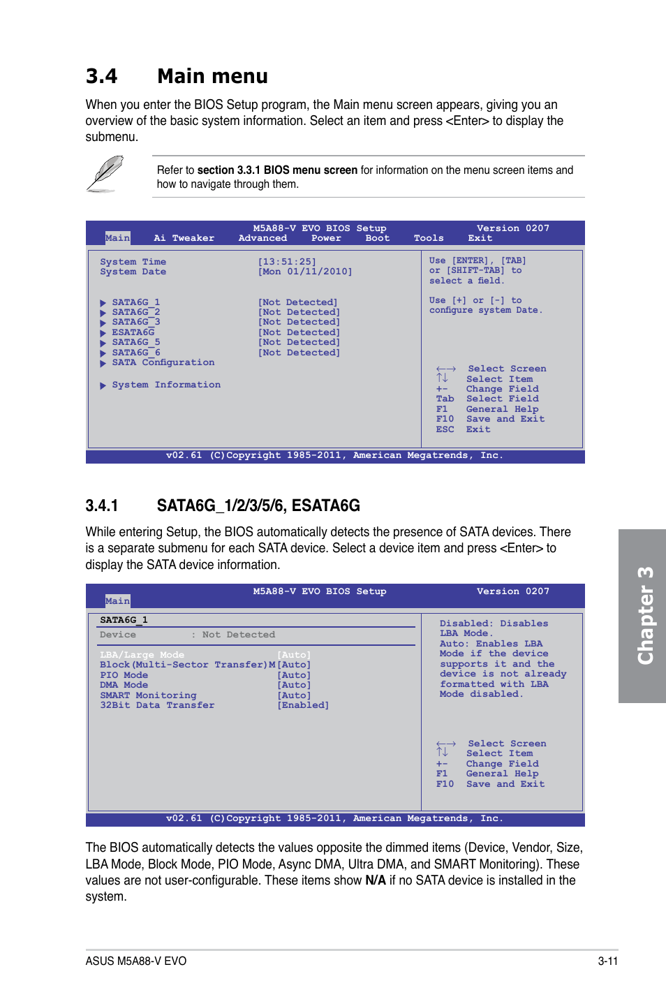 4 main menu, 1 sata6g_1/2/3/5/6, esata6g, Main menu -11 3.4.1 | Sata6g_1/2/3/5/6, esata6g -11, Chapter 3 3.4 main menu | Asus M5A88-V EVO User Manual | Page 67 / 124