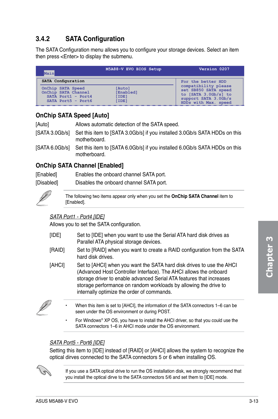 2 sata configuration, Sata configuration -13, Chapter 3 | Onchip sata speed [auto, Onchip sata channel [enabled | Asus M5A88-V EVO User Manual | Page 69 / 124