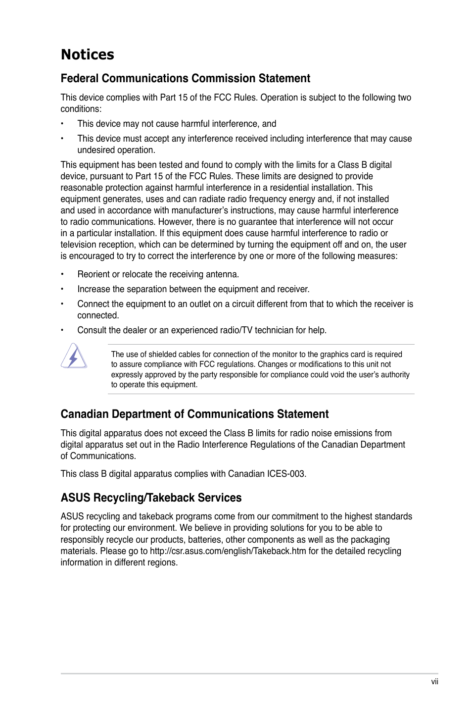 Notices, Federal communications commission statement, Canadian department of communications statement | Asus recycling/takeback services | Asus M5A88-V EVO User Manual | Page 7 / 124