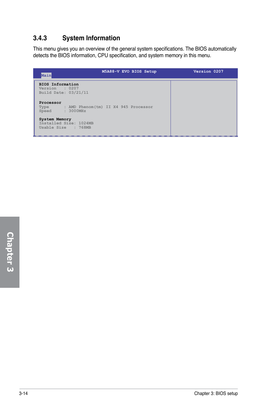 3 system information, System information -14, Chapter 3 | Asus M5A88-V EVO User Manual | Page 70 / 124