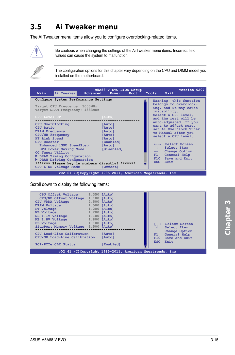 5 ai tweaker menu, Ai tweaker menu -15, Chapter 3 3.5 ai tweaker menu | Scroll down to display the following items | Asus M5A88-V EVO User Manual | Page 71 / 124