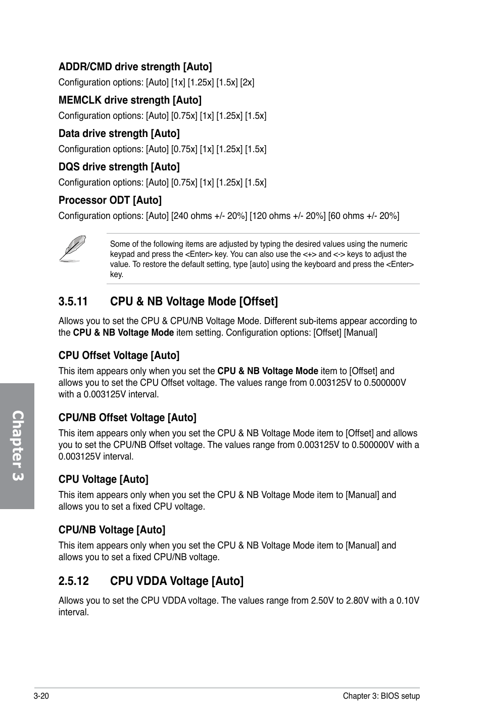 11 cpu & nb voltage mode [offset, 12 cpu vdda voltage [auto, Cpu & nb voltage mode [offset] -20 | Cpu vdda voltage [auto] -20, Chapter 3 | Asus M5A88-V EVO User Manual | Page 76 / 124