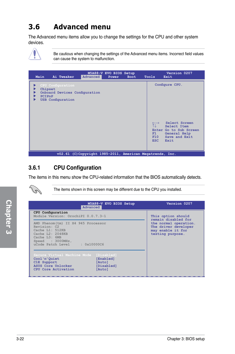 6 advanced menu, 1 cpu configuration, Advanced menu -22 3.6.1 | Cpu configuration -22, Chapter 3 | Asus M5A88-V EVO User Manual | Page 78 / 124