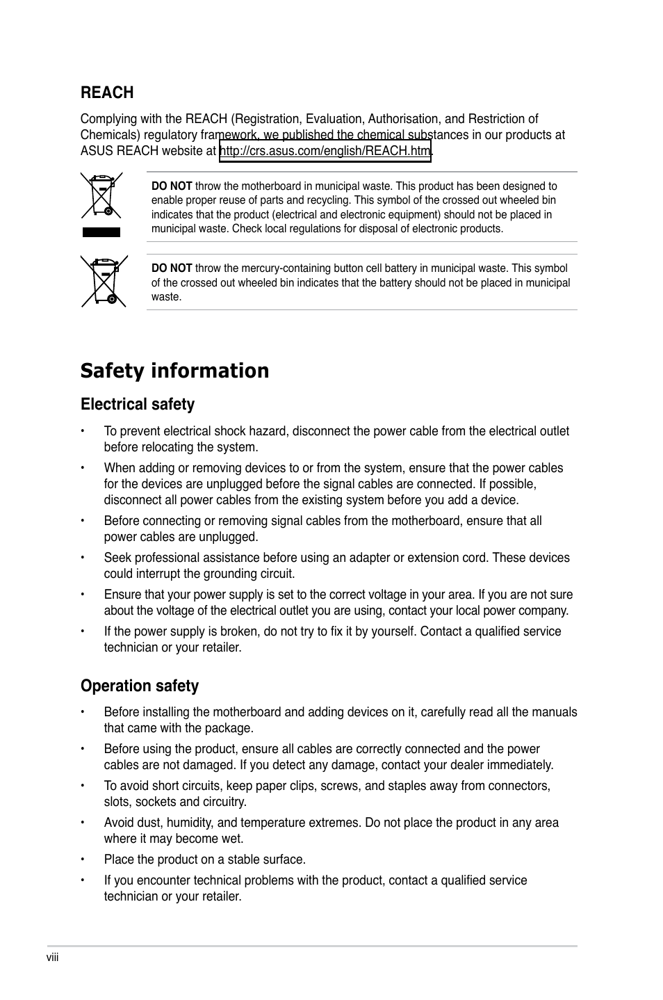 Safety information, Electrical safety, Operation safety | Reach | Asus M5A88-V EVO User Manual | Page 8 / 124