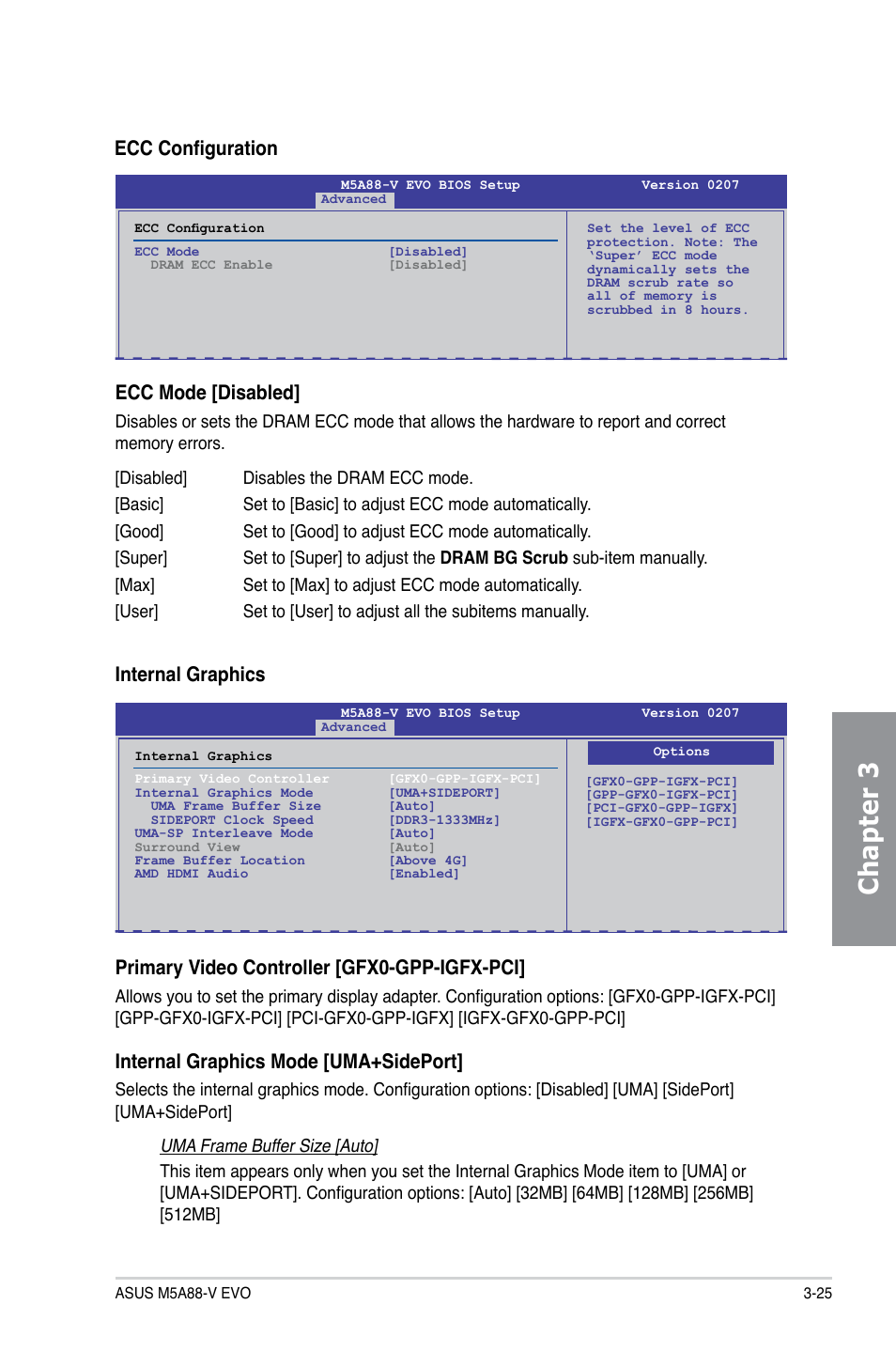 Chapter 3, Ecc configuration ecc mode [disabled, Primary video controller [gfx0-gpp-igfx-pci | Internal graphics mode [uma+sideport, Internal graphics | Asus M5A88-V EVO User Manual | Page 81 / 124