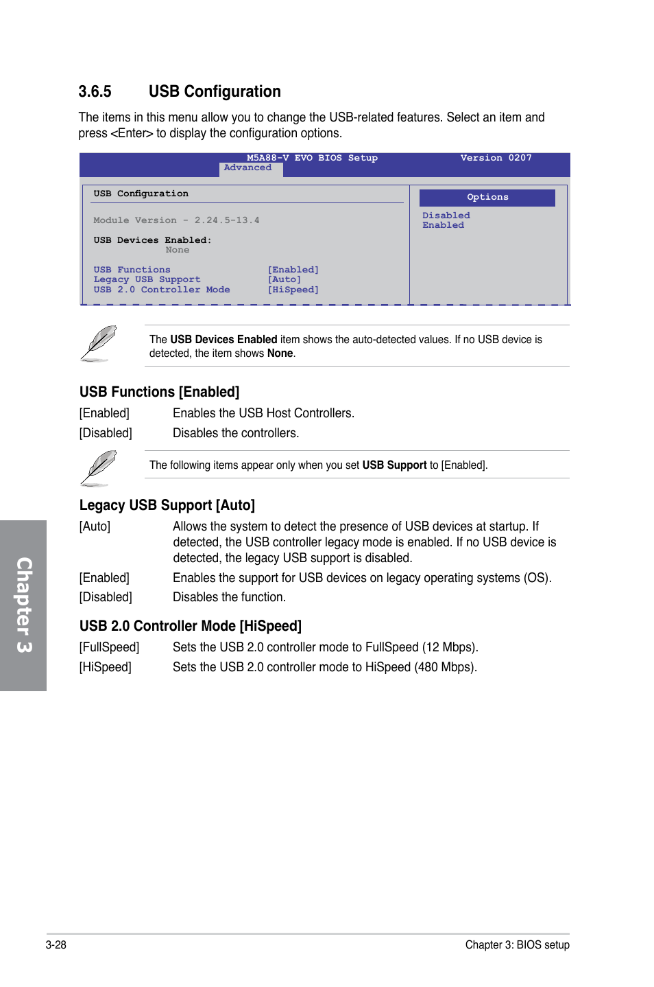 5 usb configuration, Usb configuration -28, Chapter 3 | Usb functions [enabled, Legacy usb support [auto, Usb 2.0 controller mode [hispeed | Asus M5A88-V EVO User Manual | Page 84 / 124