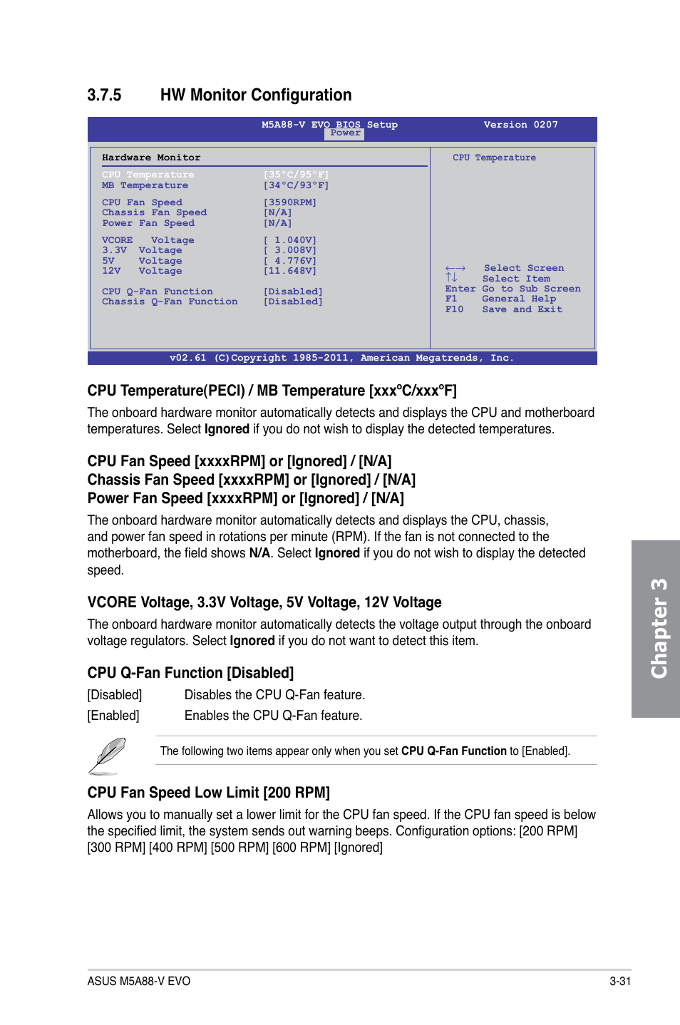 5 hw monitor configuration, Hw monitor configuration -31, Chapter 3 | Cpu q-fan function [disabled, Cpu fan speed low limit [200 rpm | Asus M5A88-V EVO User Manual | Page 87 / 124