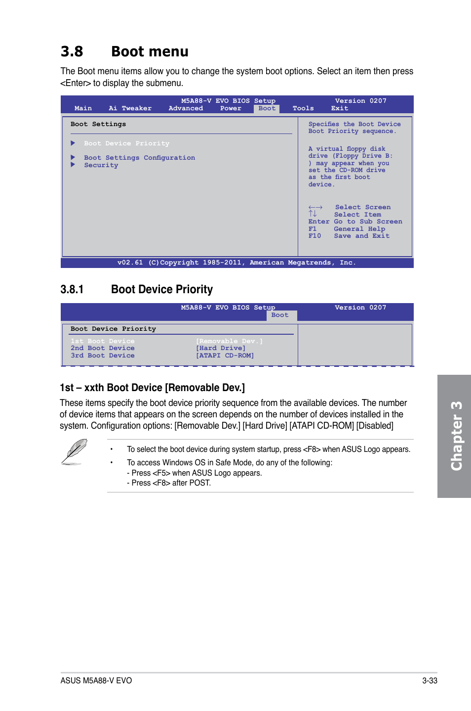 8 boot menu, 1 boot device priority, Boot menu -33 3.8.1 | Boot device priority -33, Chapter 3 3.8 boot menu, 1st – xxth boot device [removable dev | Asus M5A88-V EVO User Manual | Page 89 / 124
