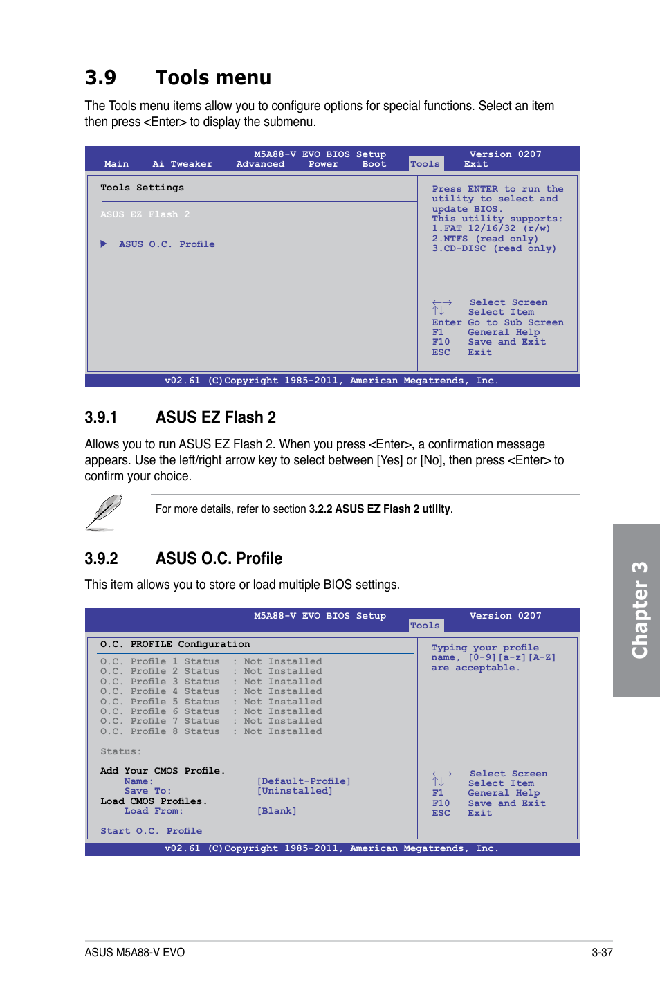 9 tools menu, 1 asus ez flash 2, 2 asus o.c. profile | Tools menu -37 3.9.1, Asus ez flash 2 -37, Asus o.c. profile -37, Chapter 3 3.9 tools menu | Asus M5A88-V EVO User Manual | Page 93 / 124
