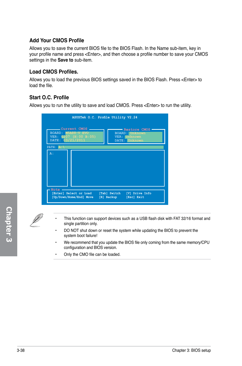 Chapter 3, Start o.c. profile, Add your cmos profile | Load cmos profiles | Asus M5A88-V EVO User Manual | Page 94 / 124