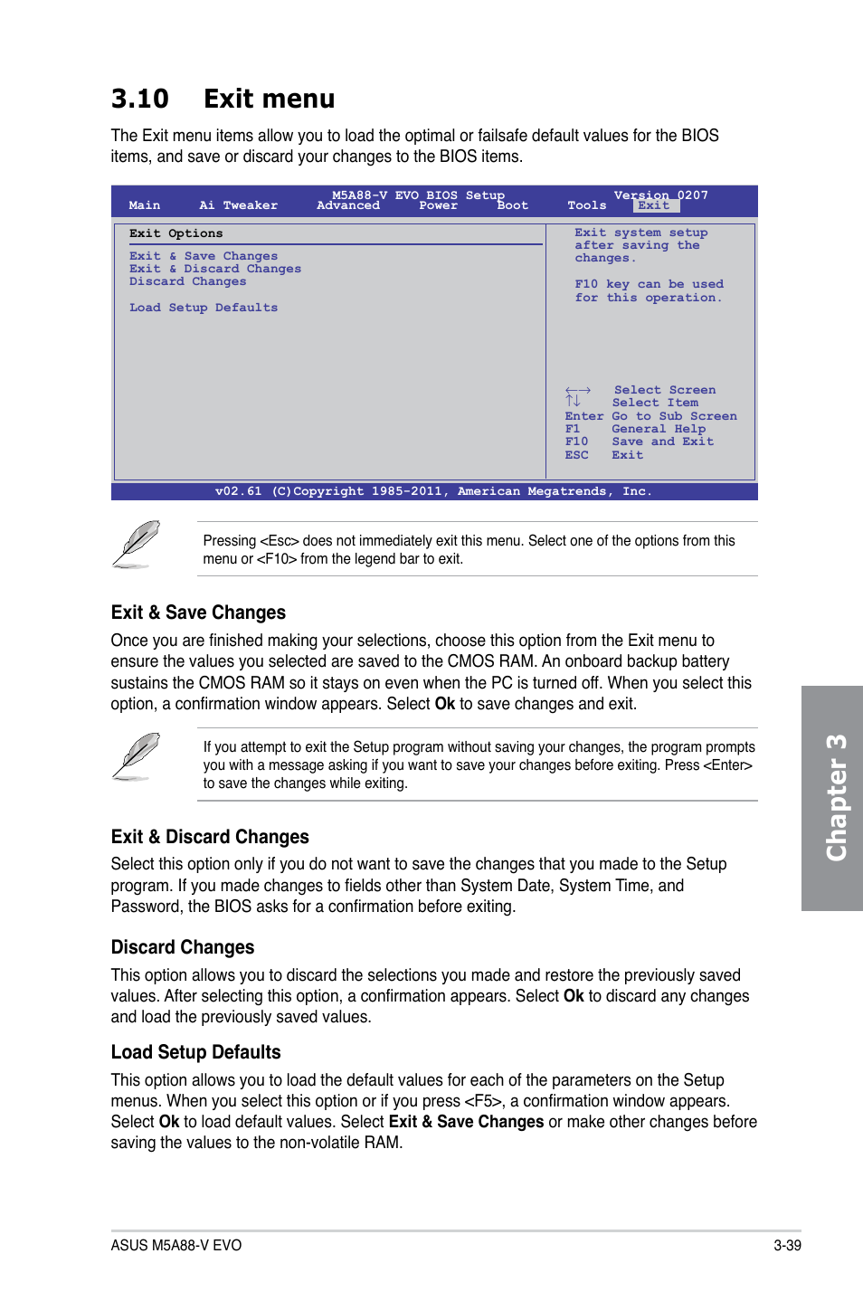 10 exit menu, Exit menu -39, Chapter 3 3.10 exit menu | Exit & save changes, Exit & discard changes, Discard changes, Load setup defaults | Asus M5A88-V EVO User Manual | Page 95 / 124