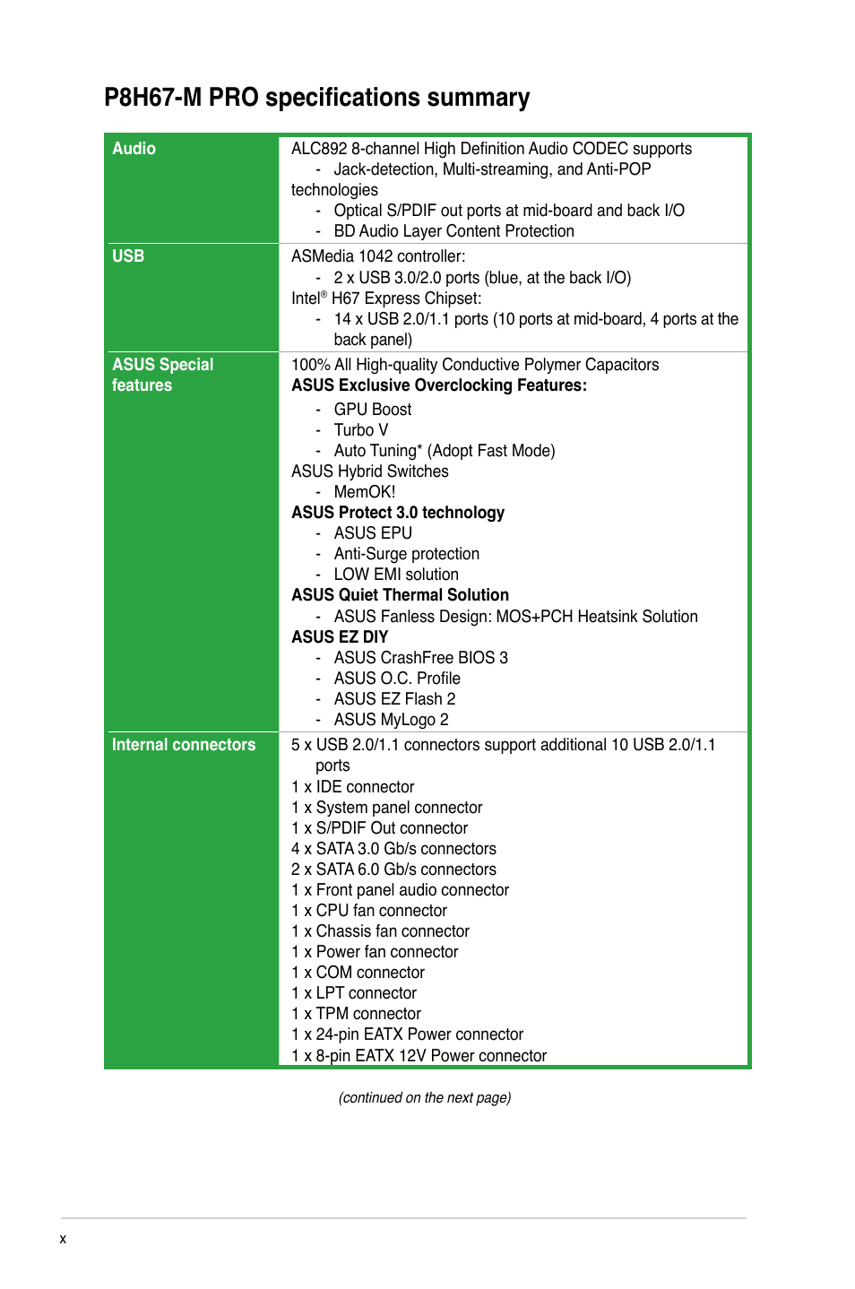 P8h67-m pro specifications summary | Asus P8H67-M PRO User Manual | Page 10 / 74