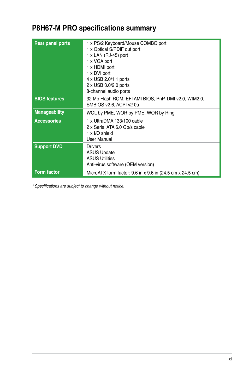 P8h67-m pro specifications summary | Asus P8H67-M PRO User Manual | Page 11 / 74