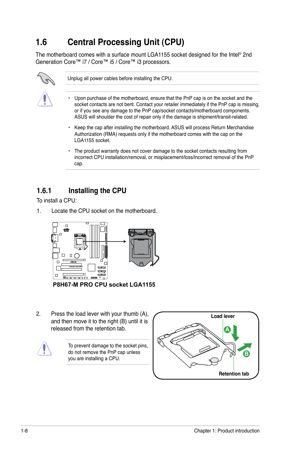 6 central processing unit (cpu), 1 installing the cpu, Central processing unit (cpu) -8 1.6.1 | Installing the cpu -8 | Asus P8H67-M PRO User Manual | Page 20 / 74