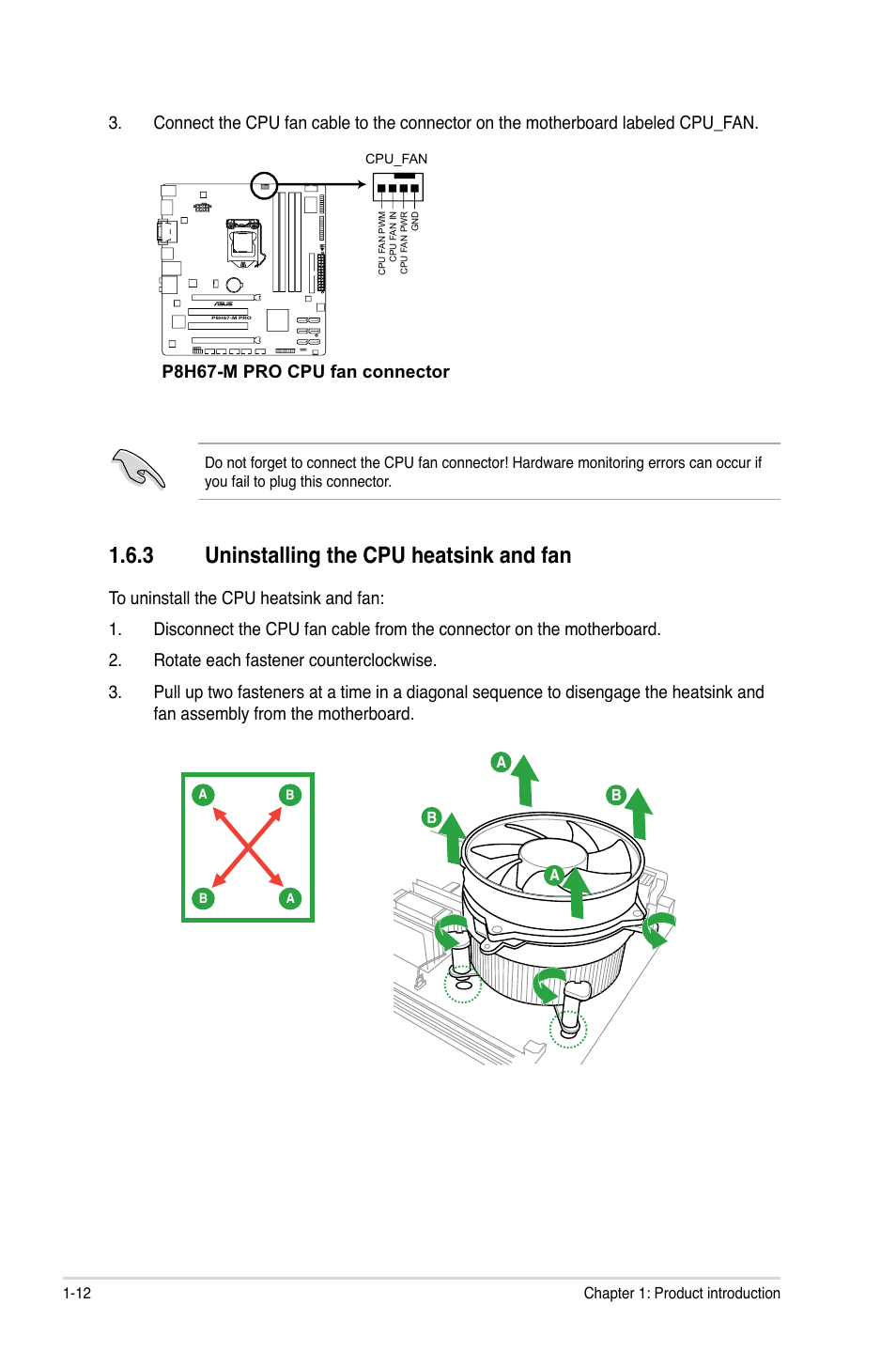 3 uninstalling the cpu heatsink and fan, Uninstalling the cpu heatsink and fan -12, P8h67-m pro cpu fan connector | Asus P8H67-M PRO User Manual | Page 24 / 74