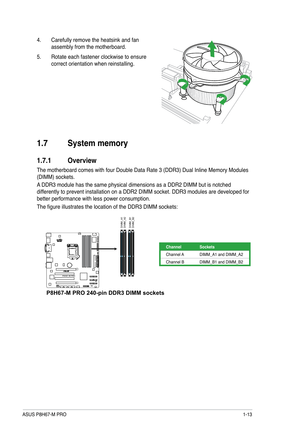 7 system memory, 1 overview, System memory -13 1.7.1 | Overview -13 | Asus P8H67-M PRO User Manual | Page 25 / 74