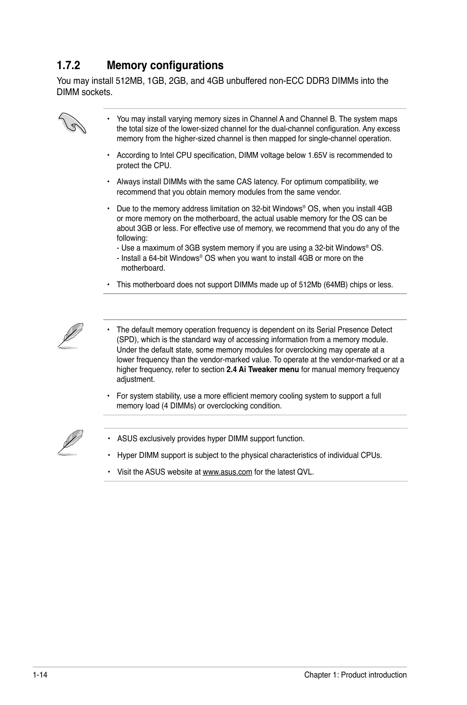 2 memory configurations, Memory configurations -14 | Asus P8H67-M PRO User Manual | Page 26 / 74