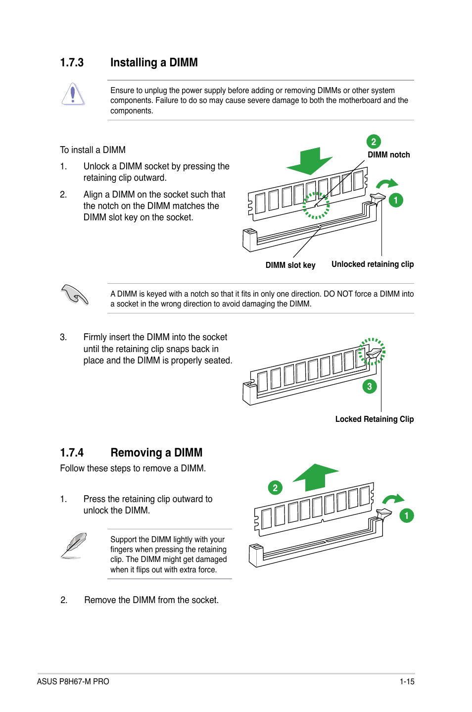 3 installing a dimm, 4 removing a dimm, Installing a dimm -15 | Removing a dimm -15 | Asus P8H67-M PRO User Manual | Page 27 / 74