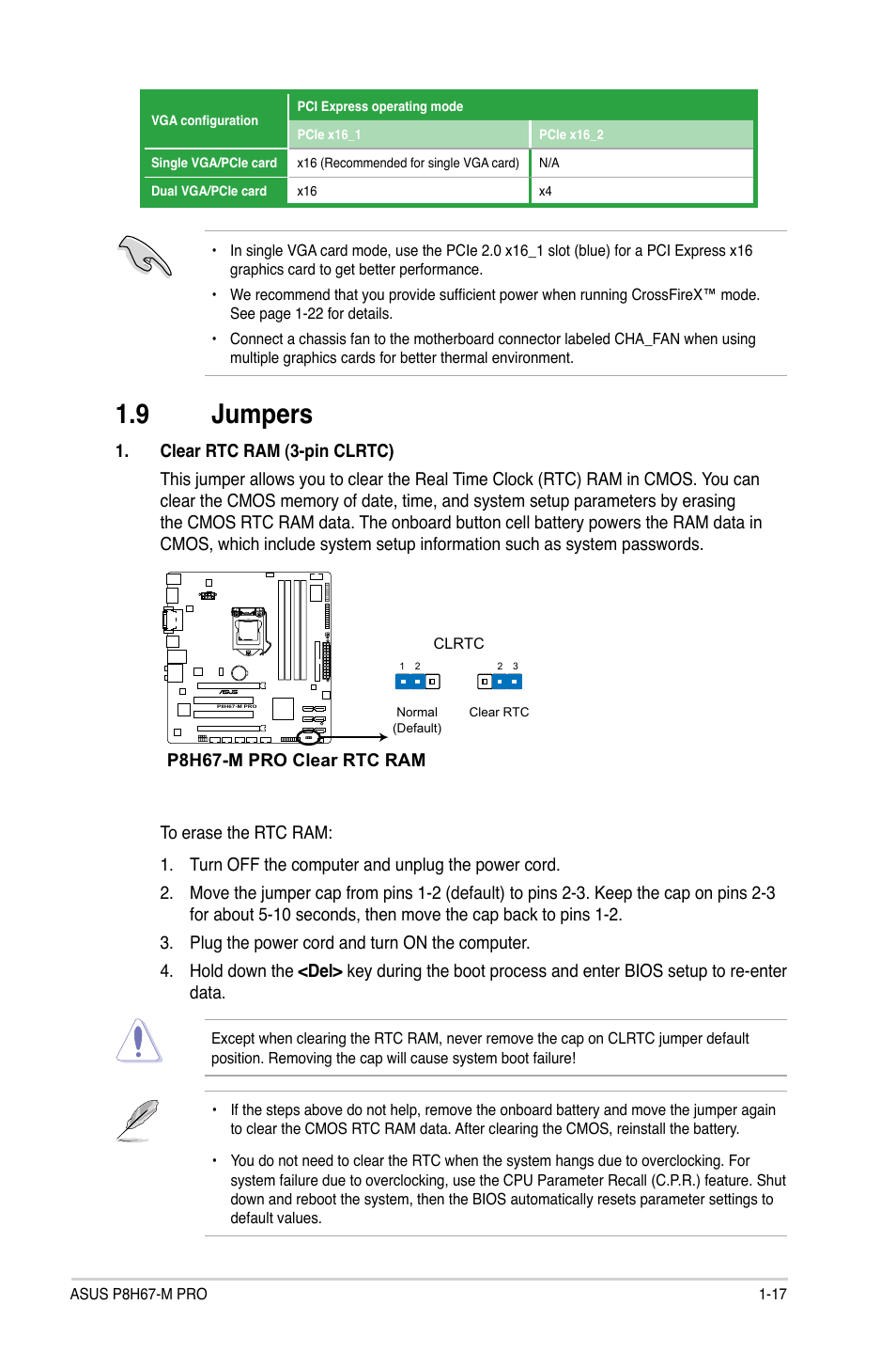 9 jumpers, Jumpers -17 | Asus P8H67-M PRO User Manual | Page 29 / 74