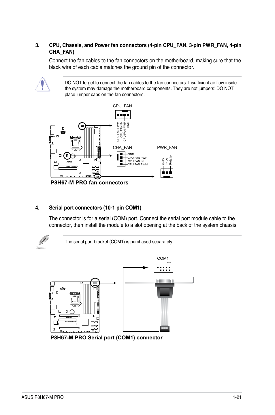 P8h67-m pro fan connectors, P8h67-m pro serial port (com1) connector | Asus P8H67-M PRO User Manual | Page 33 / 74