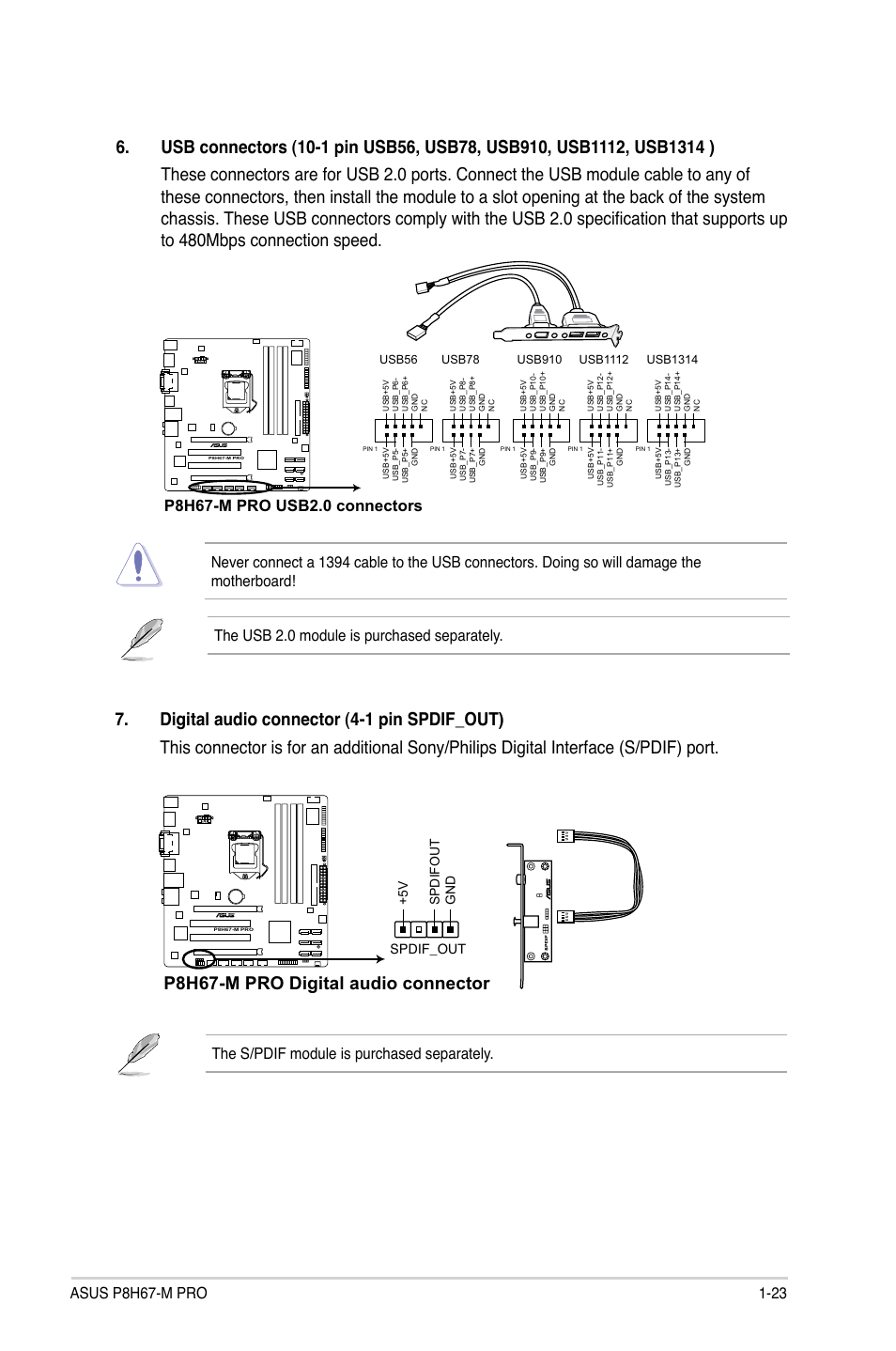 P8h67-m pro digital audio connector, The s/pdif module is purchased separately, Spdif_out | Asus P8H67-M PRO User Manual | Page 35 / 74