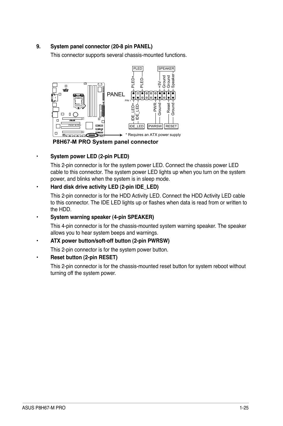 P8h67-m pro system panel connector, Panel | Asus P8H67-M PRO User Manual | Page 37 / 74