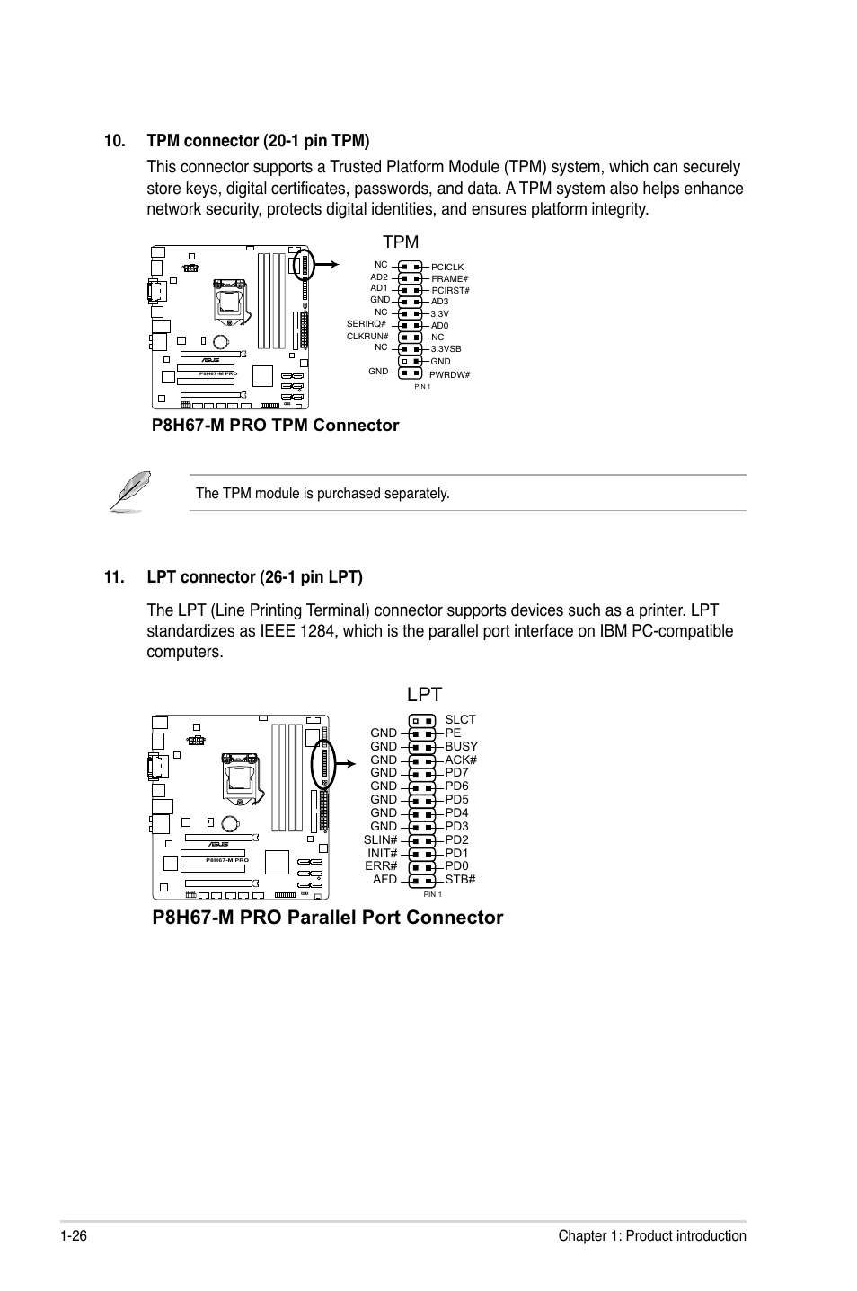 P8h67-m pro parallel port connector, P8h67-m pro tpm connector | Asus P8H67-M PRO User Manual | Page 38 / 74