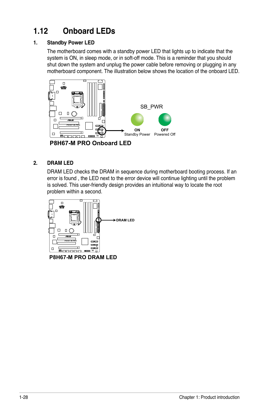 12 onboard leds, 12 onboard leds -28, P8h67-m pro onboard led | Asus P8H67-M PRO User Manual | Page 40 / 74