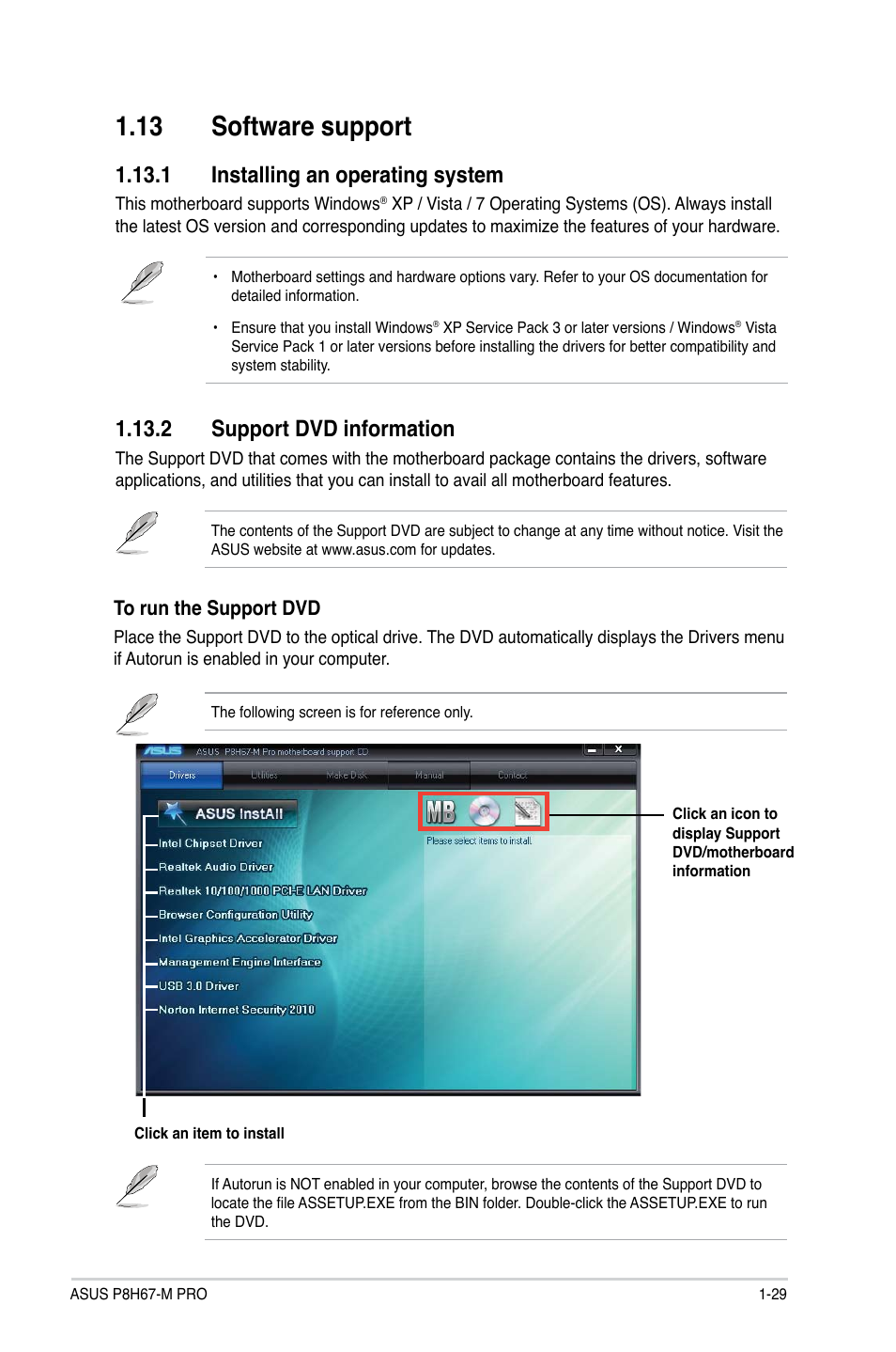 13 software support, 1 installing an operating system, 2 support dvd information | 13 software support -29 | Asus P8H67-M PRO User Manual | Page 41 / 74