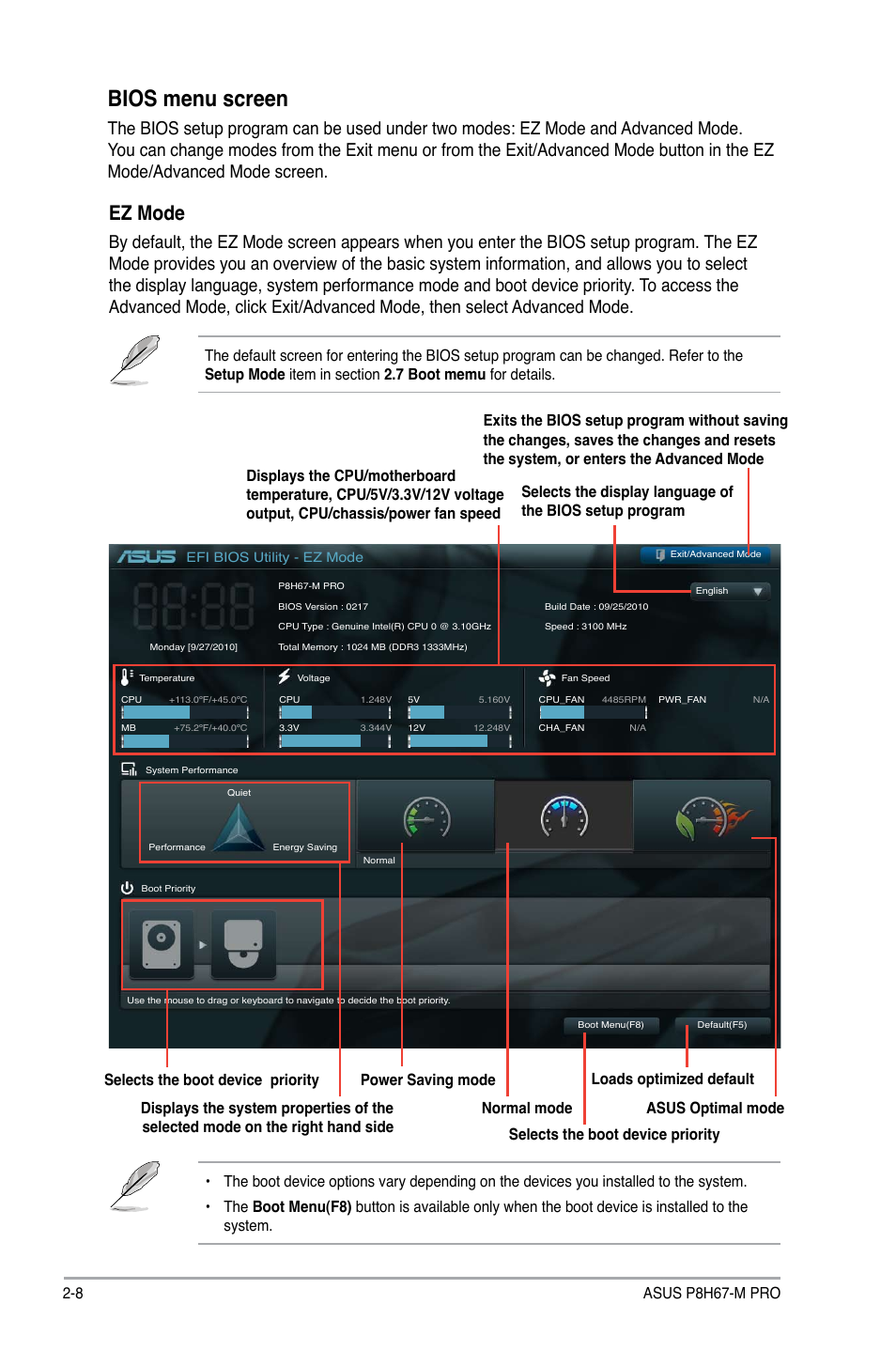 Bios menu screen, Ez mode, 8 asus p8h67-m pro | Asus P8H67-M PRO User Manual | Page 50 / 74