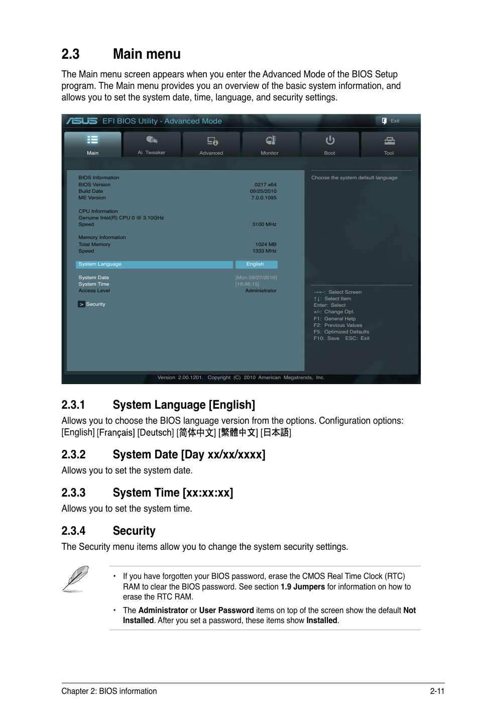 3 main menu, 1 system language [english, 2 system date [day xx/xx/xxxx | 3 system time [xx:xx:xx, 4 security, Main menu -11 2.3.1, System language -11, System date -11, System time -11, Security -11 | Asus P8H67-M PRO User Manual | Page 53 / 74