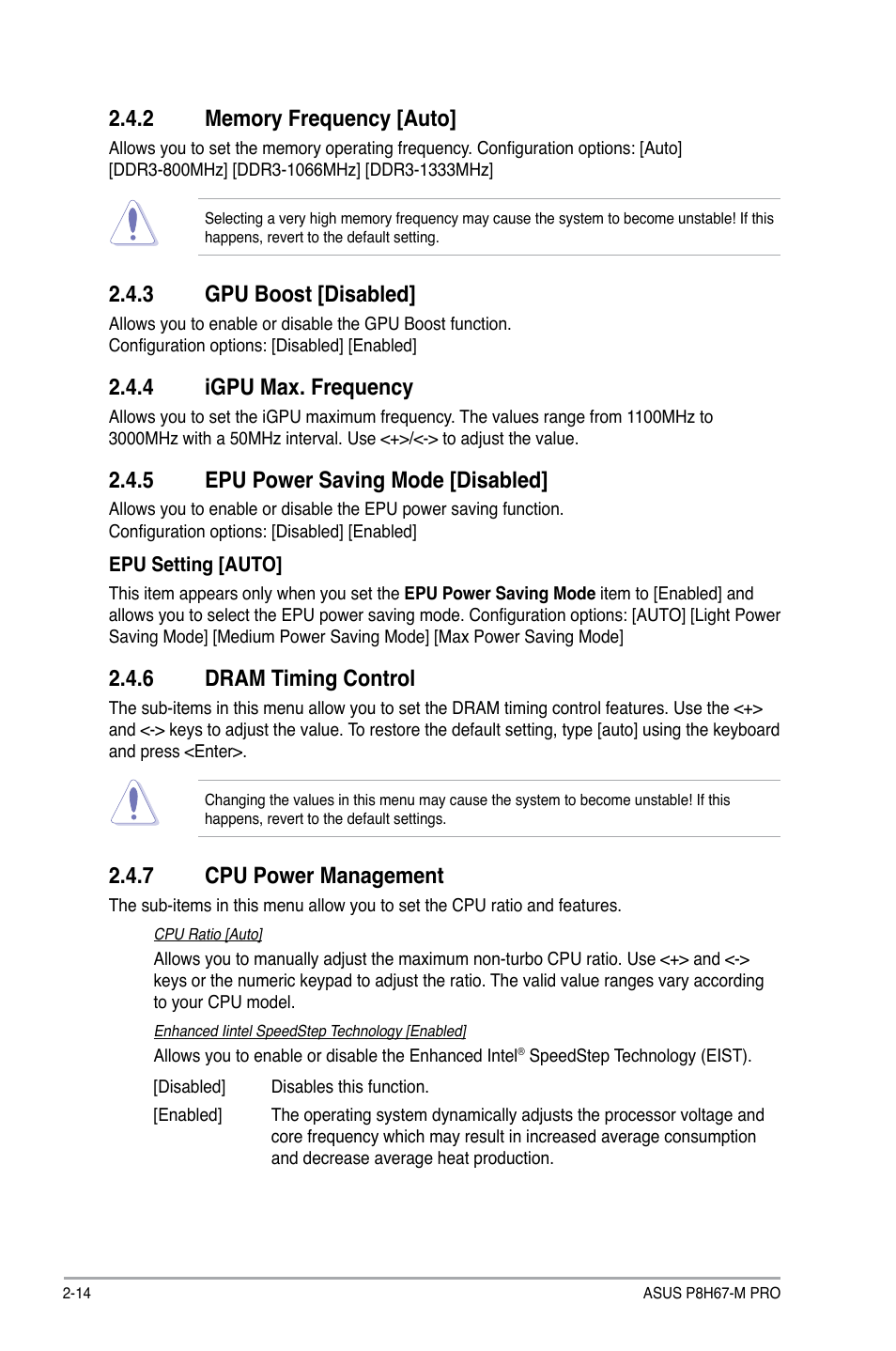 2 memory frequency [auto, 3 gpu boost [disabled, 4 igpu max. frequency | 5 epu power saving mode [disabled, 6 dram timing control, 7 cpu power management, Memory frequency -14, Gpu boost -14, Igpu max. frequency -14, Epu power saving mode -14 | Asus P8H67-M PRO User Manual | Page 56 / 74