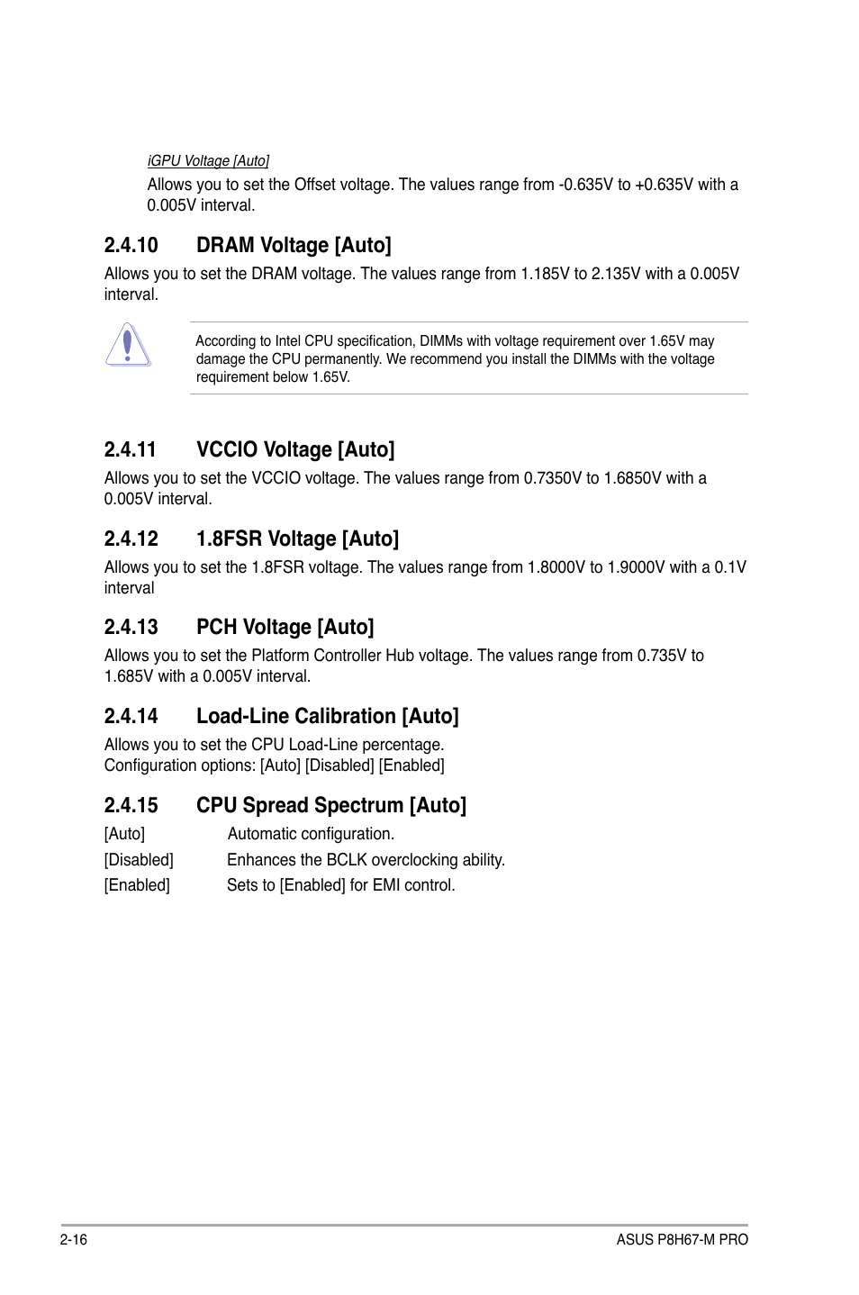10 dram voltage [auto, 11 vccio voltage [auto, 12 1.8fsr voltage [auto | 13 pch voltage [auto, 14 load-line calibration [auto, 15 cpu spread spectrum [auto | Asus P8H67-M PRO User Manual | Page 58 / 74