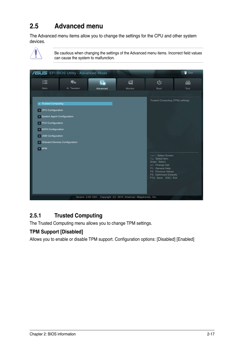 5 advanced menu, 1 trusted computing, Advanced menu -17 | Trusted computing -17, Tpm support [disabled | Asus P8H67-M PRO User Manual | Page 59 / 74