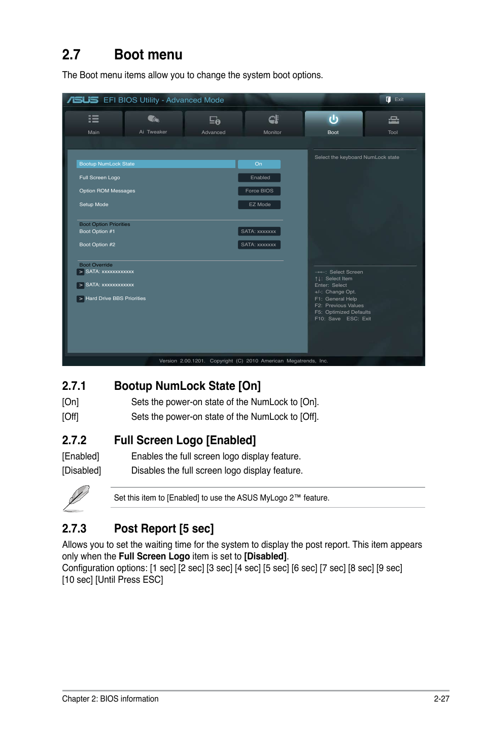 7 boot menu, 1 bootup numlock state [on, 2 full screen logo [enabled | 3 post report [5 sec, Boot menu -27 2.7.1, Bootup numlock state -27, Full screen logo -27, Post report -27 | Asus P8H67-M PRO User Manual | Page 69 / 74