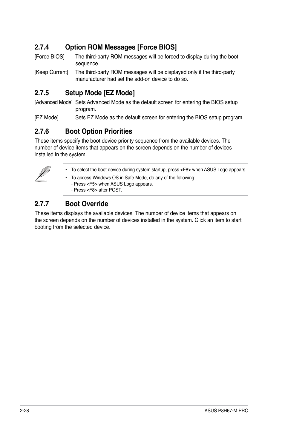4 option rom messages [force bios, 5 setup mode [ez mode, 6 boot option priorities | 7 boot override, Option rom messages -28, Setup mode -28, Boot option priorities -28, Boot override -28 | Asus P8H67-M PRO User Manual | Page 70 / 74