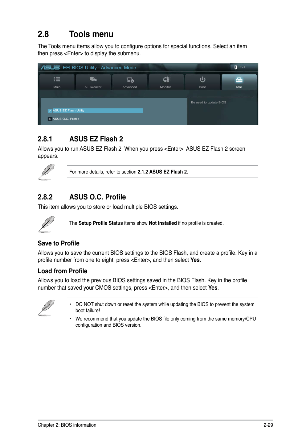 8 tools menu, 1 asus ez flash 2, 2 asus o.c. profile | Tools menu -29 2.8.1, Asus ez flash 2 -29, Asus o.c. profile -29, Save to profile, Load from profile | Asus P8H67-M PRO User Manual | Page 71 / 74