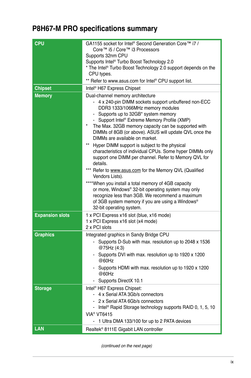 P8h67-m pro specifications summary | Asus P8H67-M PRO User Manual | Page 9 / 74