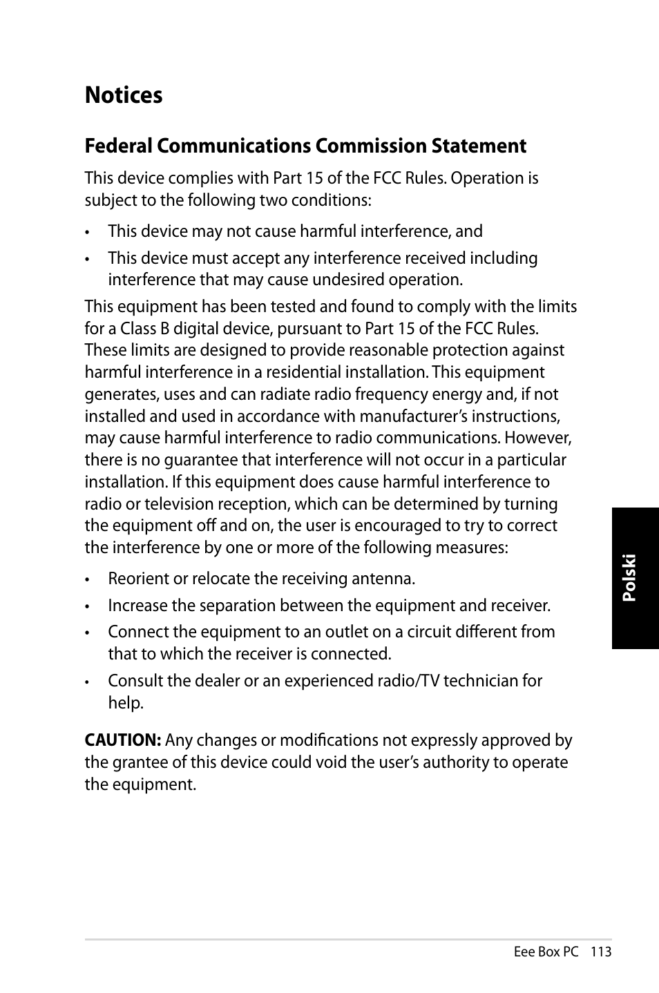 Notices, Federal communications commission statement | Asus EB1007 User Manual | Page 113 / 145