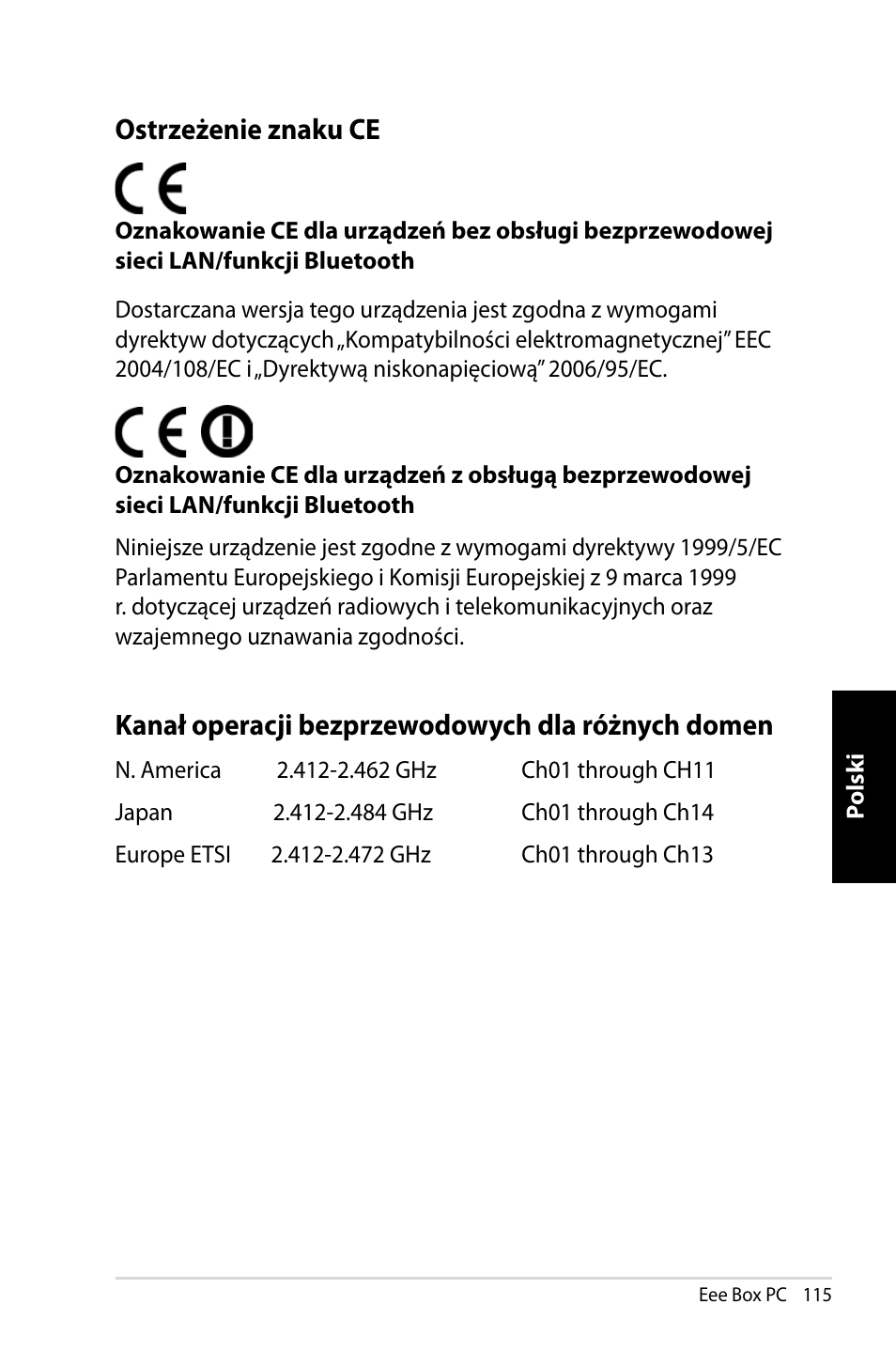 Kanał operacji bezprzewodowych dla różnych domen, Ostrzeżenie znaku ce | Asus EB1007 User Manual | Page 115 / 145