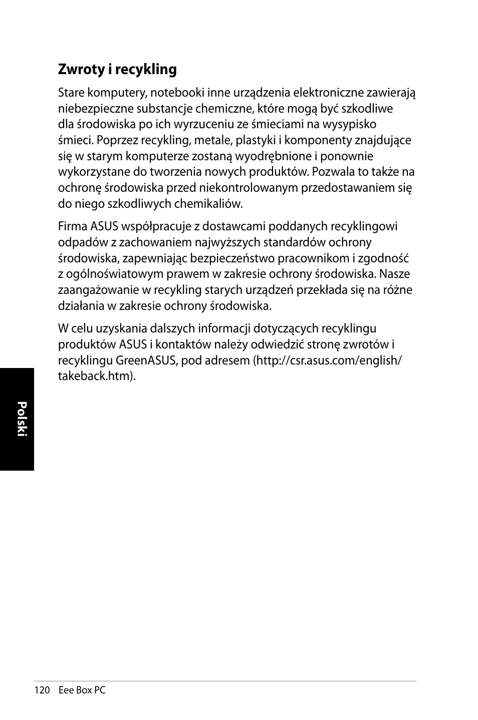 Zwroty i recykling | Asus EB1007 User Manual | Page 120 / 145