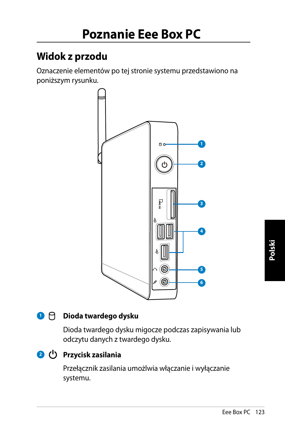 Poznanie eee box pc, Widok z przodu | Asus EB1007 User Manual | Page 123 / 145
