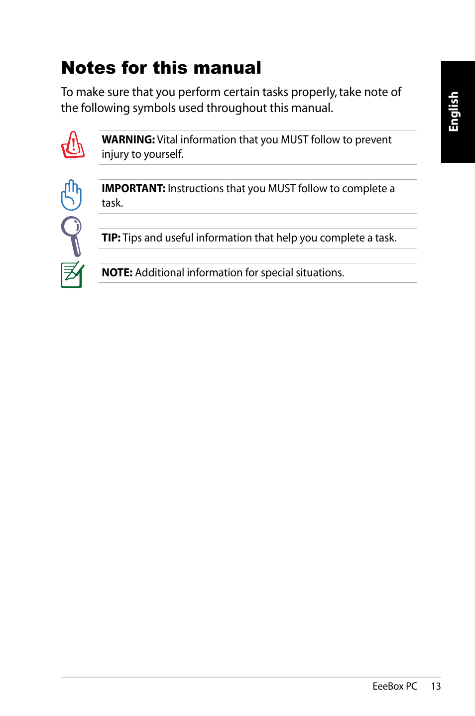 Notes for this manual | Asus EB1007 User Manual | Page 13 / 145