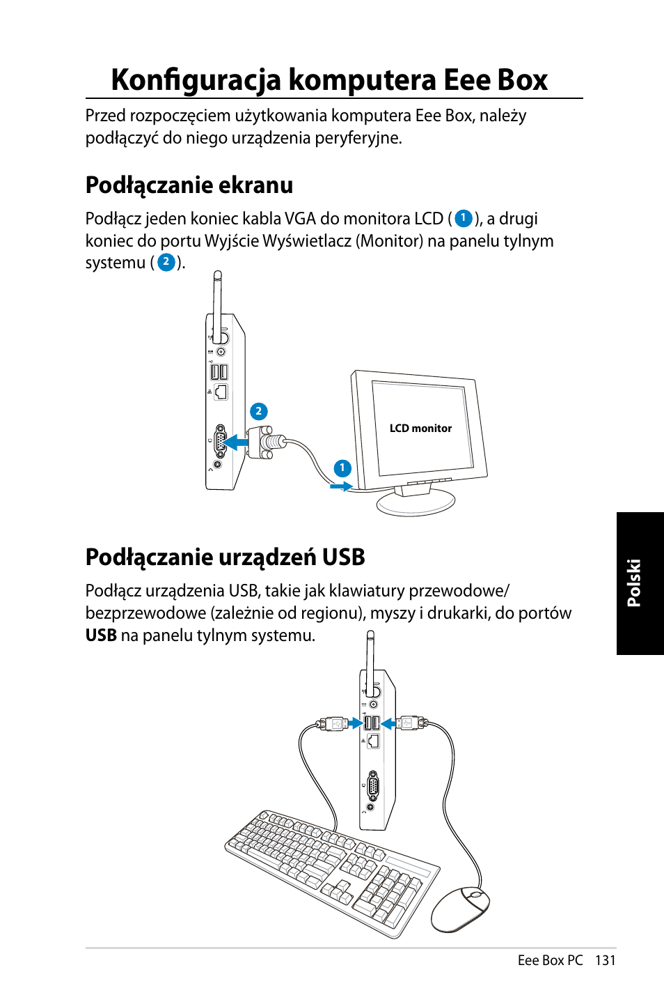 Konfiguracja komputera eee box, Podłączanie ekranu podłączanie urządzeń usb, Podłączanie ekranu | Podłączanie urządzeń usb | Asus EB1007 User Manual | Page 131 / 145