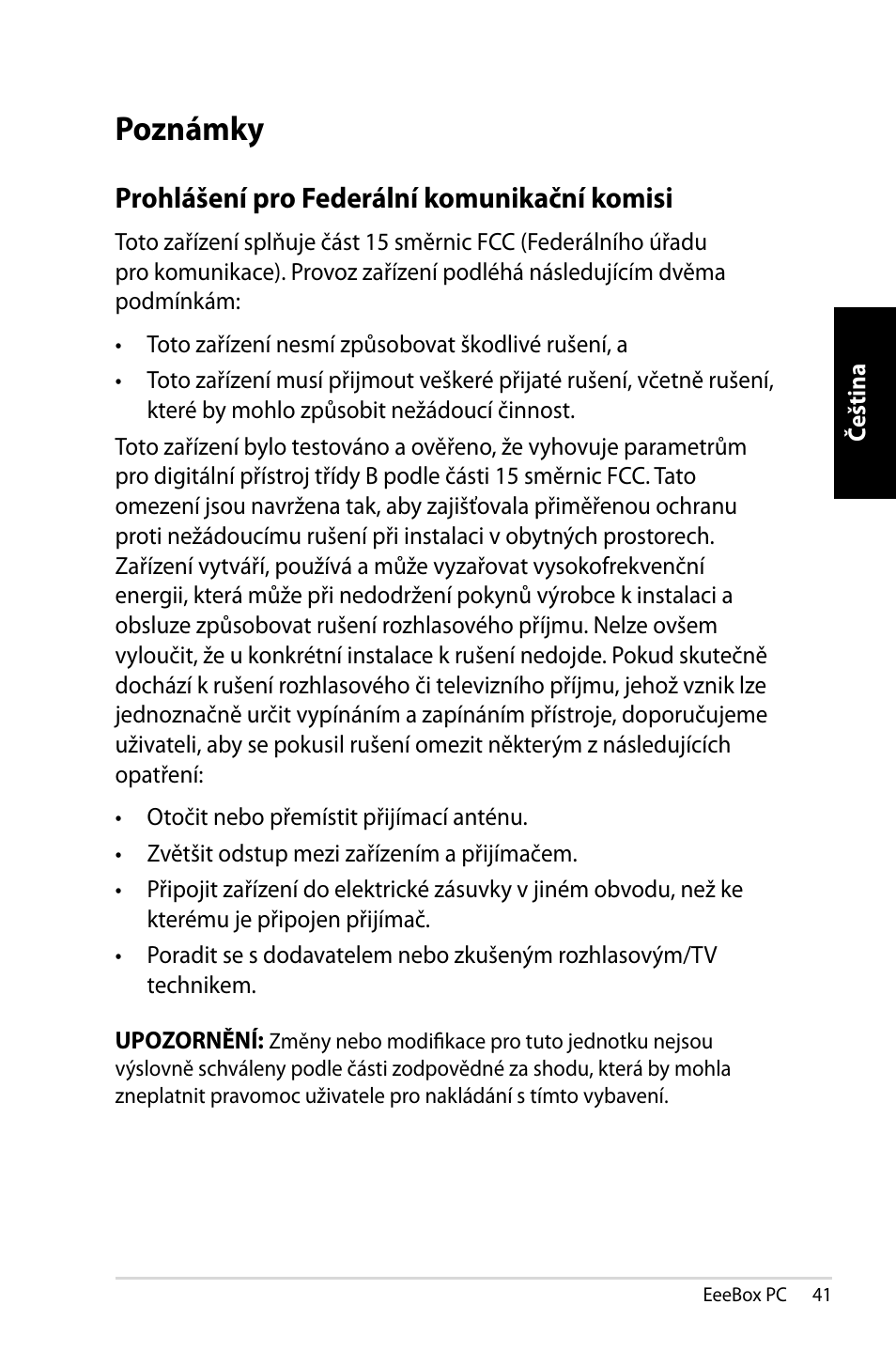 Poznámky, Prohlášení pro federální komunikační komisi | Asus EB1007 User Manual | Page 41 / 145