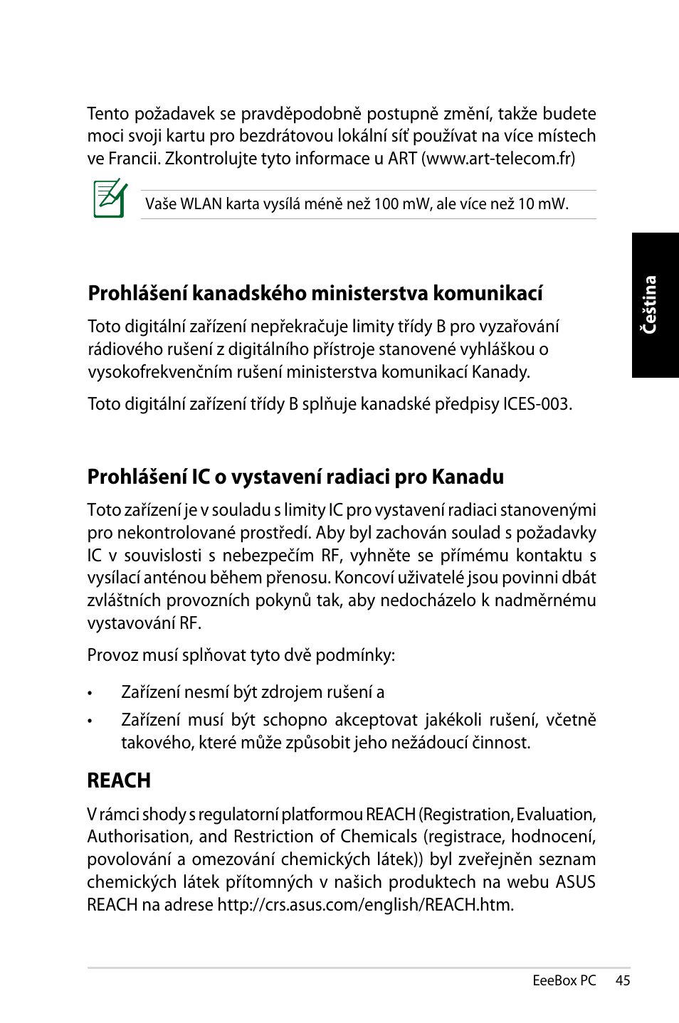 Prohlášení kanadského ministerstva komunikací, Prohlášení ic o vystavení radiaci pro kanadu, Reach | Asus EB1007 User Manual | Page 45 / 145