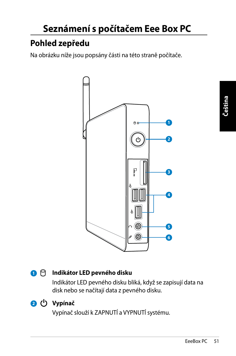 Seznámení s počítačem eee box pc, Pohled zepředu | Asus EB1007 User Manual | Page 51 / 145