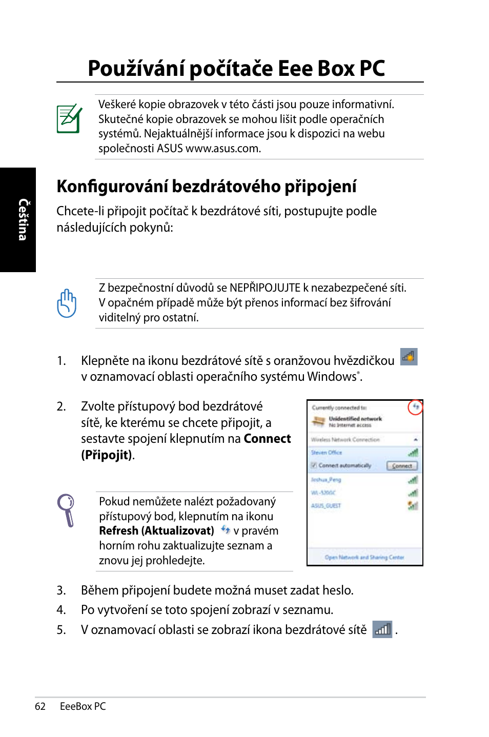 Používání počítače eee box pc, Konfigurování bezdrátového připojení | Asus EB1007 User Manual | Page 62 / 145